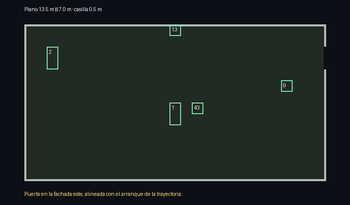 Plano en metros con puerta y muebles